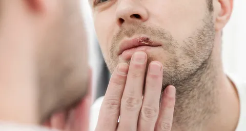 Frau mit Lippenherpes durch Stress – Fieberblase an der Lippe als Stresssymptom